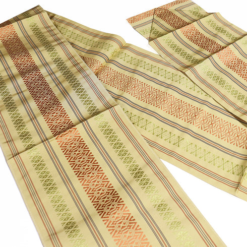 名古屋帯 リサイクル 帯丈365cm 全通 献上柄 イエロー Mサイズ 正絹 Sランク カジュアル お洒落