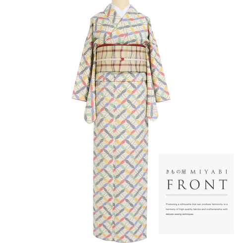 紬 リサイクル 身丈169.5cm 裄66.4cm 袷 格子に七宝柄 ベージュ LLサイズ お洒落 カジュアル しつけ糸 正絹 広衿 Sランク