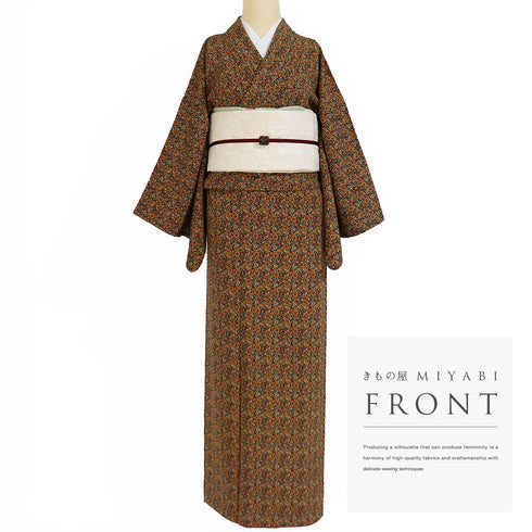 小紋 リサイクル 身丈155cm 裄67cm 袷 小花柄 ブラウン Sサイズ カジュアル 正絹 広衿 Aランク