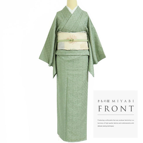 小紋 リサイクル 身丈153cm 裄62.6cm 袷 市松石畳柄 地紋 江戸小紋 グリーン Sサイズ お洒落 正絹 広衿 Sランク