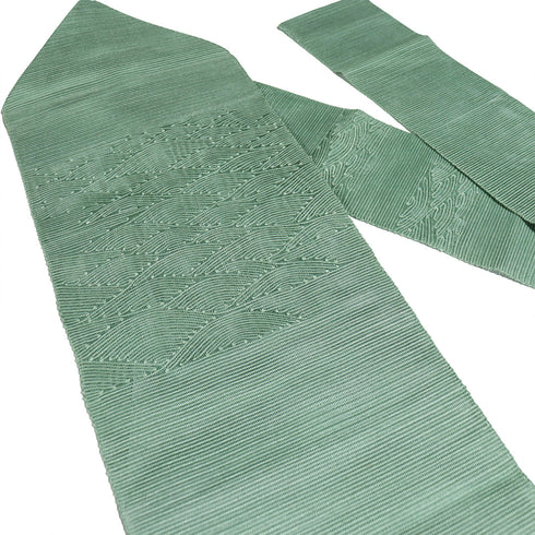 名古屋帯 リサイクル 帯丈357cm ポイント柄 波柄 夏物 グリーン Sサイズ 混合 Sランク お洒落 カジュアル