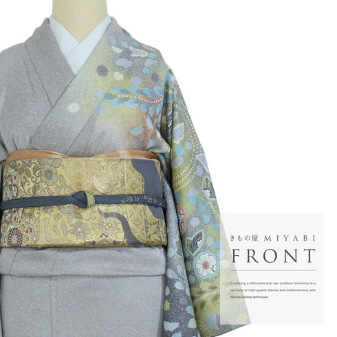 訪問着 身丈158.5cm 裄66.8cm 袷 辻ヶ花模様 グレー Mサイズ フォーマル お洒落 正絹 広衿 Sランク