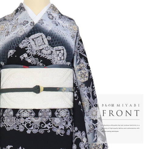 訪問着 リサイクル 身丈165cm 裄68cm 袷 華紋柄 更紗柄 汕頭刺繍 ブラック Lサイズ お洒落 正絹 広衿 Aランク