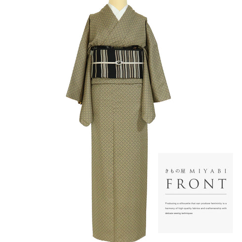 小紋 リサイクル 身丈162cm 裄63.8cm 袷 小花柄 地紋 ブラウン Lサイズ お洒落 正絹 広衿 Sランク