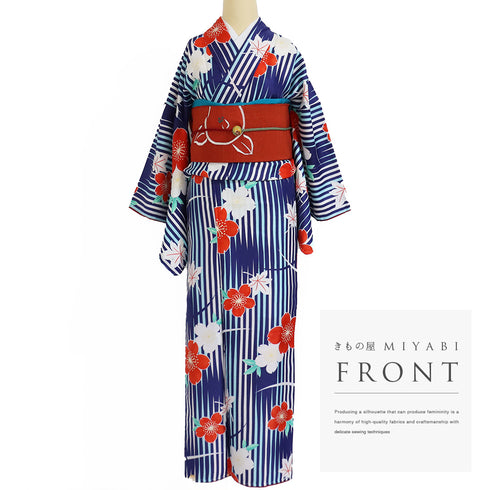 小紋 リサイクル 身丈167cm 裄68cm 袷 花柄 ブルー LLサイズ お洒落 カジュアル しつけ糸 ポリエステル 洗える着物 広衿 Sランク