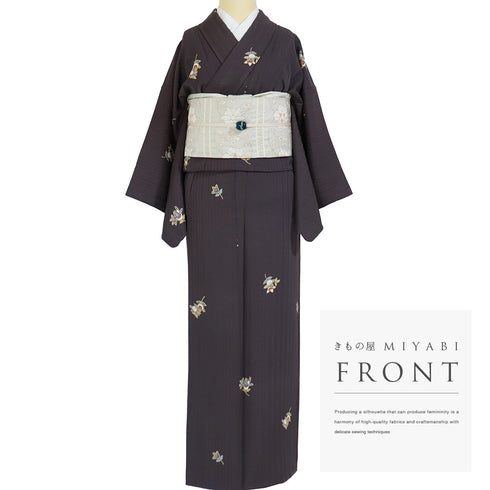 小紋 リサイクル 身丈155.5cm 裄63.2cm 袷 たちばな柄 ブラウン Mサイズ カジュアル 正絹 広衿 Sランク