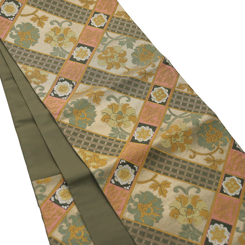 袋帯 リサイクル 帯丈442cm 六通 唐花模様 斜め格子柄 正倉院撥鏤文様 北出与三郎謹製 ゴールド Mサイズ 正絹 Sランク フォーマル セミフォーマル