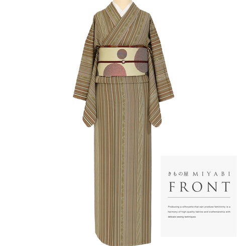 小紋 リサイクル 身丈169.5cm 裄64.4cm 袷 デザイン縞柄 ブラウン LLサイズ お洒落 しつけ糸 正絹 広衿 Sランク