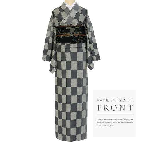 紬 リサイクル 身丈167.8cm 裄68.4cm 袷 石畳柄 木目絞柄 グレー LLサイズ お洒落 カジュアル 正絹 広衿 Sランク