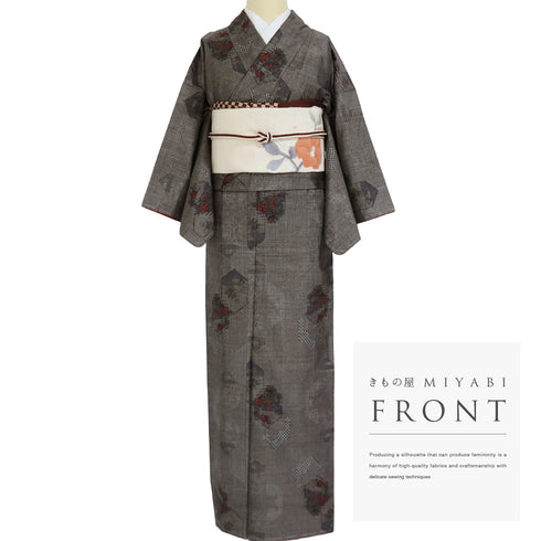 紬 リサイクル 身丈157.8cm 裄62.4cm 袷 デザイン亀甲柄 グレー Mサイズ お洒落 カジュアル しつけ糸 正絹 広衿 Sランク