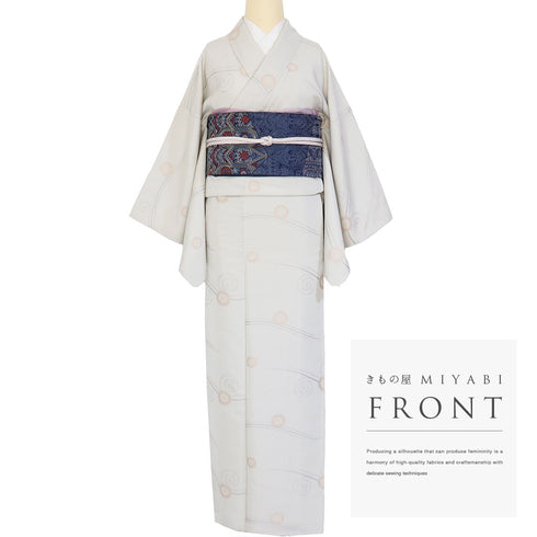 小紋 リサイクル 身丈153.8cm 裄64.8cm 袷 お召 菊やデザイン鶴 パールトーン加工 グレー Sサイズ お洒落 正絹 広衿 Sランク