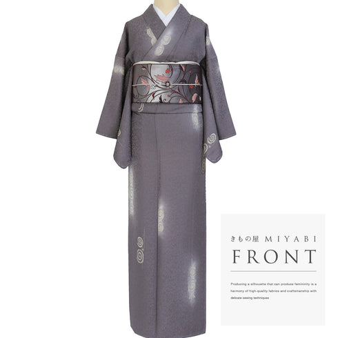 小紋 リサイクル 身丈163.8cm 裄64.4cm 袷 渦巻き柄 パープル Lサイズ お洒落 カジュアル しつけ糸 正絹 広衿 Sランク