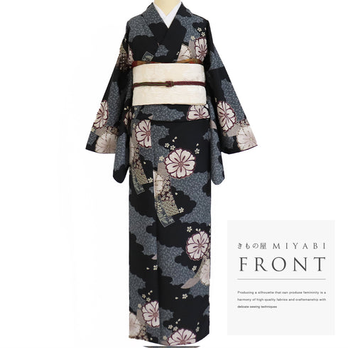 小紋 リサイクル 身丈167.5cm 裄68.8cm 袷 雲取りに短冊や花柄 小花柄 多色 LLサイズ お洒落 カジュアル ポリエステル 洗える着物 広衿 Sランク