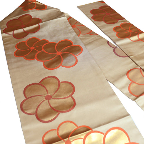 名古屋帯 リサイクル 帯丈327cm 全通 ねじり梅柄 ベージュ SSサイズ 正絹 新品・未使用品 お洒落