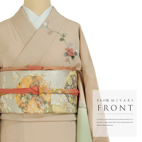 訪問着 リサイクル 身丈166.8cm 裄66cm 袷 椿に菊や梅柄 刺繍 ベージュ LLサイズ セミフォーマル お洒落 正絹 広衿 Sランク