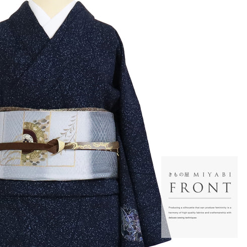 付下げ リサイクル 身丈159cm 裄68cm 袷 鳳凰更紗柄 たたき 地紋 ネイビー Mサイズ お洒落 正絹 広衿 Sランク