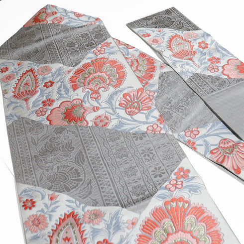 名古屋帯 リサイクル 帯丈354cm 六通 花唐草柄 グレー Sサイズ 正絹 Aランク カジュアル お洒落