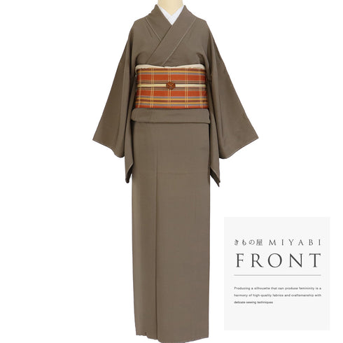 色無地 リサイクル 身丈159.5cm 裄67cm 袷 ブラウン Mサイズ お洒落 カジュアル しつけ糸 正絹 広衿 地紋なし Sランク