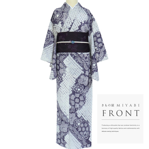 浴衣 リサイクル 夏着物 身丈150.5cm 裄62.8cm 夏物 絞り 花柄 パープル Sサイズ カジュアル 木綿 洗える着物 バチ衿 Aランク