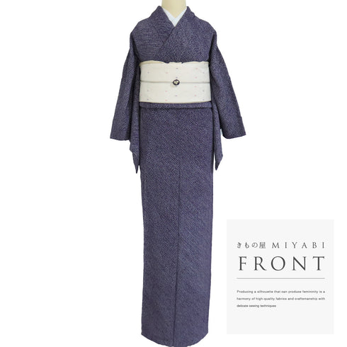 小紋 リサイクル 身丈159.2cm 裄64.4cm 袷 総絞り パープル Mサイズ お洒落 しつけ糸 正絹 広衿 Aランク