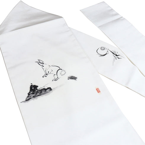 名古屋帯 リサイクル 帯丈378cm ポイント柄 塩瀬 うさぎや亀やカタツムリ柄 ホワイト Mサイズ 正絹 Aランク お洒落 カジュアル 落款