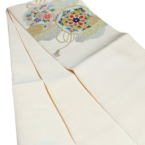 名古屋帯 リサイクル 帯丈356cm ポイント柄 華文に雲取り柄 つづれ織り ベージュ Sサイズ 正絹 Bランク お洒落