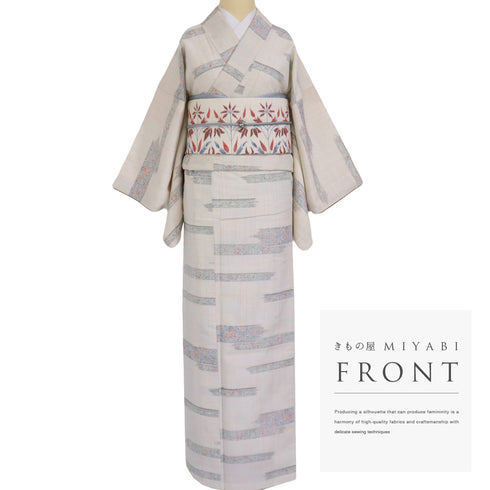 紬 リサイクル 身丈162.2cm 裄65cm 袷 花柄 アイボリー Lサイズ お洒落 カジュアル 正絹 広衿 Sランク