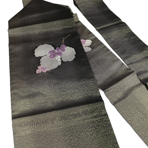 名古屋帯 リサイクル 帯丈383cm ポイント柄 葡萄柄 綴れ織り はればれ加工 ブラウン Lサイズ 正絹 新品・未使用品 お洒落 落款