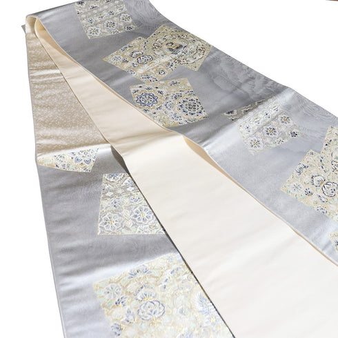 袋帯 リサイクル 帯丈424cm 六通 色紙に花文 有職文様 シルバー Sサイズ 正絹 新品・未使用品 フォーマル セミフォーマル