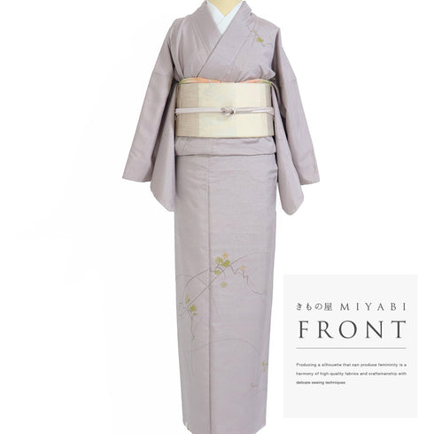 訪問着 身丈174.5cm 裄66.8cm 袷 紬 蔦や花模様 高尾健三 パープル LLサイズ お洒落 正絹 広衿 Sランク