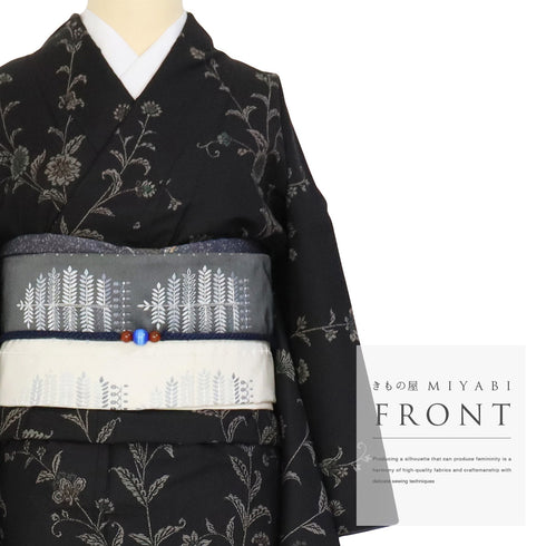訪問着 リサイクル 身丈160.2cm 裄66.6cm 袷 紬 二代目川村久太郎 草花柄 鳥柄 ブラック Mサイズ お洒落 落款 正絹 広衿 Sランク