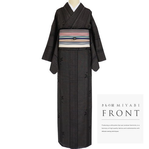 紬 リサイクル 身丈151.8cm 裄63cm 袷 柿渋染 汕頭刺繍 縞模様 枝葉柄 ブラック Sサイズ お洒落 証紙 しつけ糸 正絹 広衿 Sランク