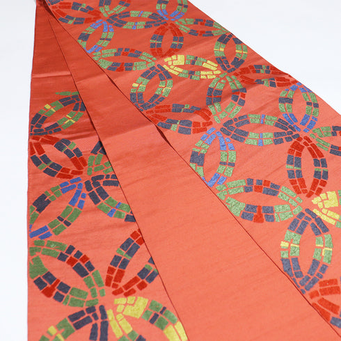 本袋帯 リサイクル 帯丈428cm 六通 デザイン七宝柄 レッド Sサイズ 正絹 Sランク お洒落