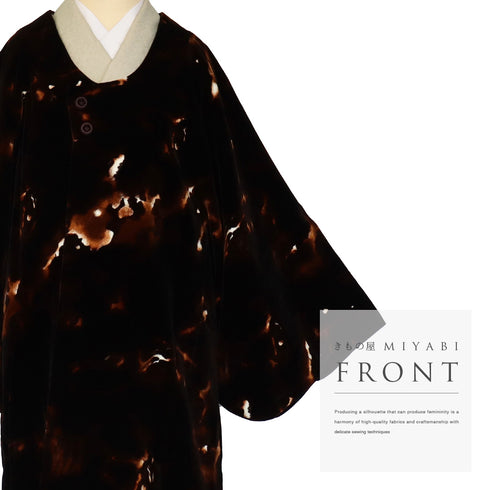 千代田衿コート リサイクル 身丈85.5cm 裄68cm ベルベット ラグラン袖 ブラウン Lサイズ カジュアル お洒落 混合 洗える着物 Aランク