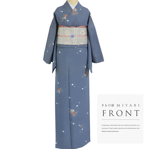 小紋 リサイクル 身丈166.5cm 裄67.2cm 袷 小花柄 簪柄 ブルー LLサイズ お洒落 正絹 広衿 Sランク