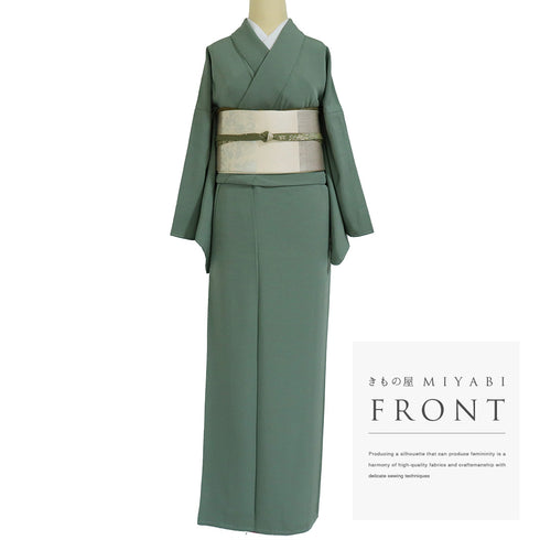 色無地 リサイクル 身丈155cm 裄68.4cm 袷 グリーン Sサイズ セミフォーマル 一つ紋 しつけ糸 正絹 広衿 Sランク