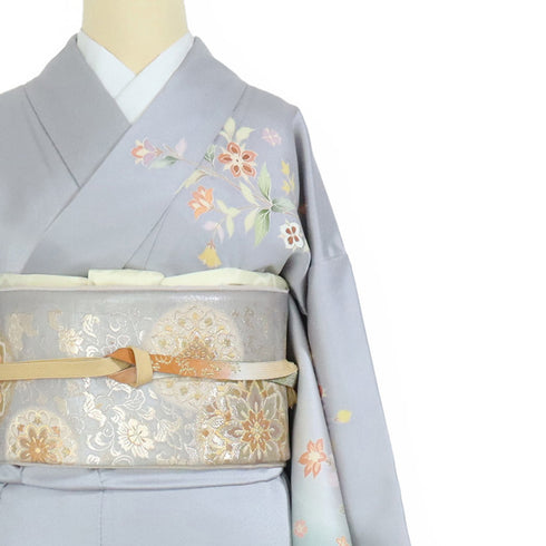 訪問着 リサイクル 身丈158.5cm 裄65cm 袷 花柄 箔 金駒 グレー Mサイズ セミフォーマル お洒落 正絹 広衿 Sランク