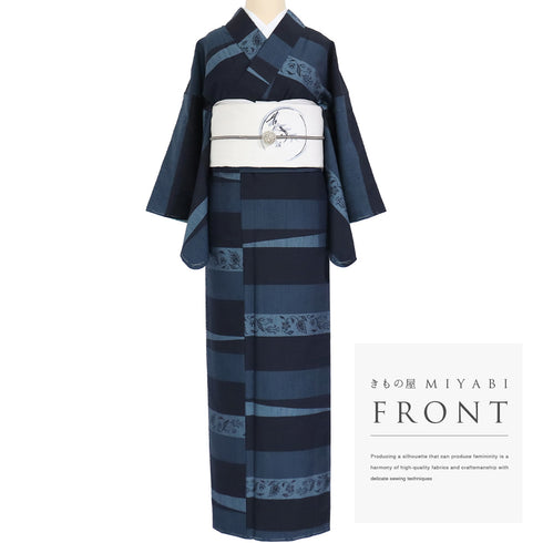 紬 リサイクル 身丈159cm 裄63cm 袷 横段柄 パールトーン加工 ネイビー Mサイズ お洒落 カジュアル しつけ糸 正絹 バチ衿 Sランク