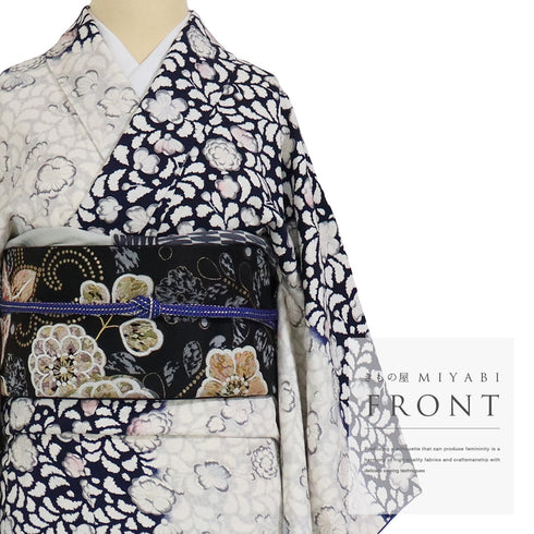 付下げ リサイクル 身丈158.5cm 裄62.6cm 袷 辻ヶ花調 後絞り加工 ネイビー Mサイズ お洒落 しつけ糸 正絹 広衿 Sランク