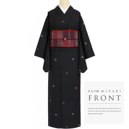 紬 リサイクル 身丈157cm 裄63cm 袷 梅柄 パールトーン加工 ブラック Mサイズ お洒落 正絹 広衿 Sランク