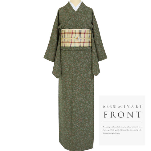 小紋 リサイクル 身丈154.6cm 裄62.4cm 袷 植物柄 グリーン Sサイズ お洒落 カジュアル しつけ糸 正絹 広衿 Bランク