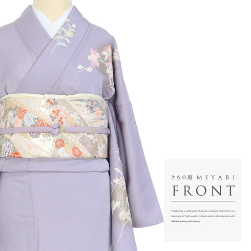 訪問着 リサイクル 身丈175.5cm 裄68.2cm 袷 花柄 箔 パープル LLサイズ セミフォーマル 正絹 広衿 Aランク