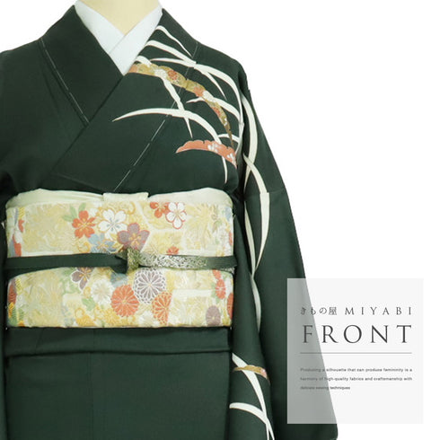 訪問着 リサイクル 身丈167.2cm 裄66.4cm 袷 雪芝柄 金駒刺繍 グリーン LLサイズ お洒落 正絹 広衿 Sランク