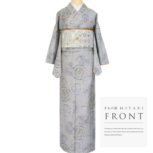 紬 リサイクル 身丈161.5cm 裄64.8cm 袷 絵皿柄 グレー Lサイズ お洒落 カジュアル 正絹 広衿 Sランク