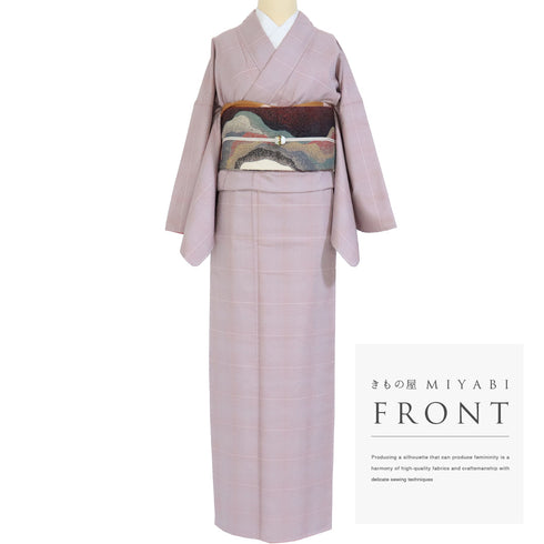 紬 リサイクル 身丈167.3cm 裄68.4cm 袷 デザイン格子柄 ピンク LLサイズ お洒落 カジュアル しつけ糸 正絹 広衿 Sランク