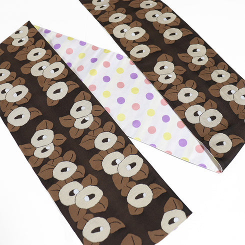 半巾帯 リサイクル 帯丈438cm 全通 椿柄 水玉柄 リバーシブル TANAKA DEN 西陣織 ブラウン Mサイズ 正絹 Sランク カジュアル お洒落 証紙