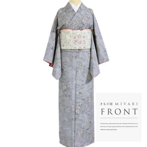 大島紬 リサイクル 身丈154.5cm 裄65.2cm 袷 都喜ヱ門 パープル Sサイズ お洒落 カジュアル 証紙 しつけ糸 正絹 広衿 Sランク