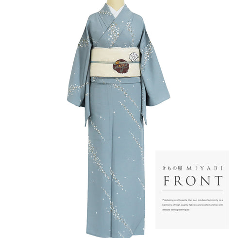 小紋 リサイクル 身丈156.2cm 裄66cm 単衣 ブルー Mサイズ 正絹 広衿 Sランク