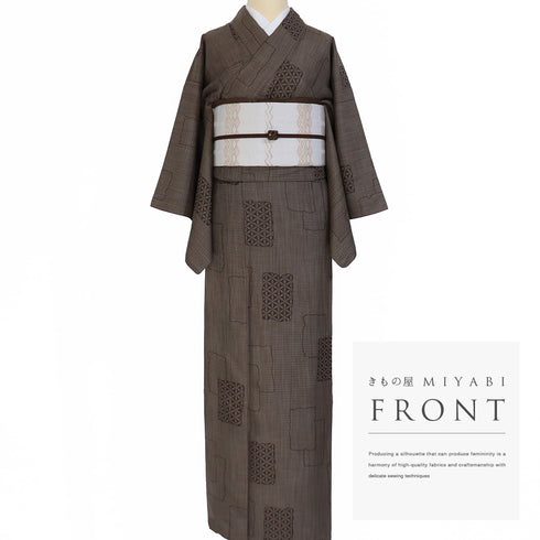 紬 リサイクル 身丈160.2cm 裄62.4cm 袷 医科学柄 ブラウン Mサイズ お洒落 カジュアル 正絹 広衿 Aランク