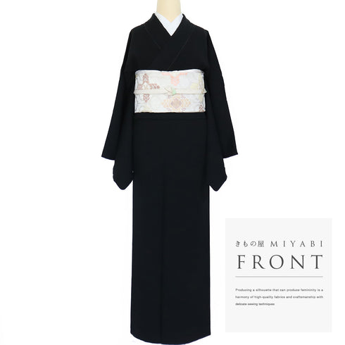 色無地 リサイクル 身丈160cm 裄69.4cm 袷 ブラック Mサイズ お洒落 一つ紋 真向き月に星紋 正絹 広衿 地紋なし Sランク